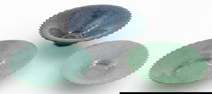 Harold Kaplan Studio Art Pottery Bowls, 3: Three Harold Kaplan (American, XX-XXI) Studio Art Pottery Bowls, comprising: one ceramic bowl of flaring form with a mottled blue and purple glaze, and two dishes with speckled celadon green glazes, e
