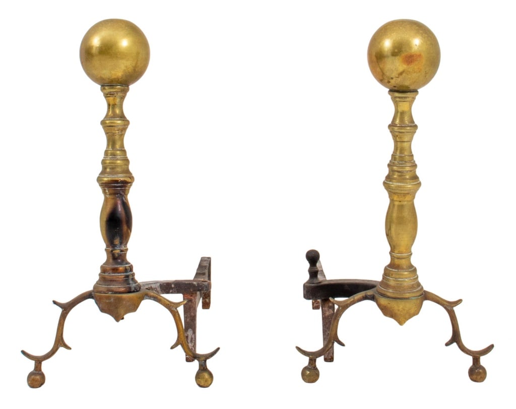 Ball-Topped Brass Andirons, Pair (1 of 5)