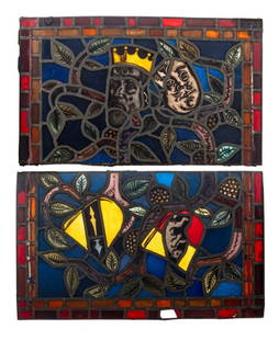 Stained Glass Window Panels, Pair: Pair of Stained Glass Window Panels, 19th century, depicting crowned king and heraldic crests. Each approx: 17" H x 27" W. Provenance: From an Upper West Side Estate located at the Ansonia. Keywords: