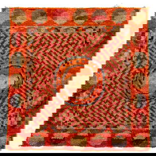 Tibetan Meditation Mat, 1' 8" x 1' 9": Tibetan Meditation Mat, early 20th century, circular center design with red patterning, orange border with circular patterns. 1' 8" L x 1' 9" W. Provenance: From the Upper East Side Apartment of a For