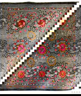 Large Suzani Embroidered Textile: Large Suzani Embroidered Textile, with polychrome floral decoration on a gray ground. 93.5" L x 83.5" W. Provenance: From a New York City Collection. Keywords: Asian Arts, Uzbekistan, Kazakhstan, Taji