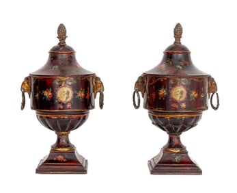 Regency Tole Peinte Chestnut Urns, Pair