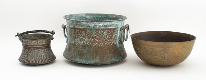 Incised Brass Jardinieres, 3