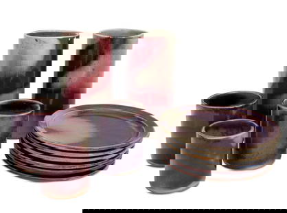 American Studio Pottery Articles, 11: Group of Eleven American Studio Pottery Articles, with celadon and red-purple glaze, comprising: six plates, three small cylindrical vases and two large cylindrical vases, each marked "W" to underside