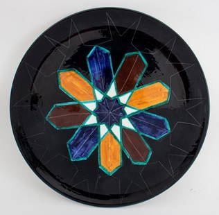 Italian Mazzone Large Glazed Ceramic Charger: Italian Mazzone Large Glazed Ceramic Charger, 1999, with hand-painted geometrical abstract motif, signed and dated to underside. 19" Diameter. Provenance: From a New York City Collection. Keywords: Ar