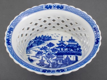 Blue Canton Porcelain Reticulated Fruit Basket