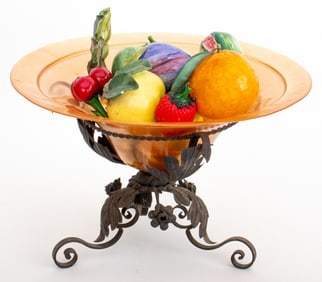 Amber Glass Bowl of Ceramic Fruit on Iron Stand