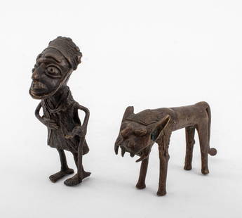 African Benin Bronze Figural Sculptures, 2: Two African Benin Bronze Figural Sculptures, comprising one standing male elder figure holding a walking stick and one animalier sculpture of a roaring lion. Man: 6.5" H x 3" W x 2.75" D. Provenance: