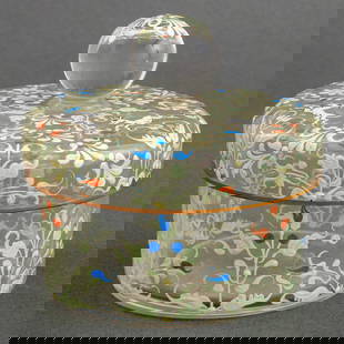 Moser Attr. Enameled Glass Box and Cover: Moser Attributed Circular Glass Box with Cover, enameled floral motif with unicorns, apparently unsigned. 3.5" H x 3.5" Diameter. Provenance: From a New York City Collection. Keywords: Art Glass, Art