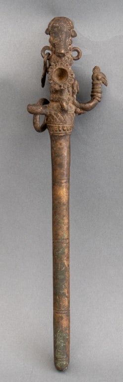 Southeast Asian Bronze Bull Incense Burner Rod: Southeast Asian Bronze Incense Burner Rod, topped with head of Bull, bird head extending from left side. 14.25" H x 3.5" W x 2.5" D. Provenance: From a Manhattan Collector. Keywords: Metalwork, Censer
