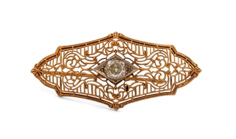 Art Deco 14K 2-Tone Gold Diamond Filigree Brooch