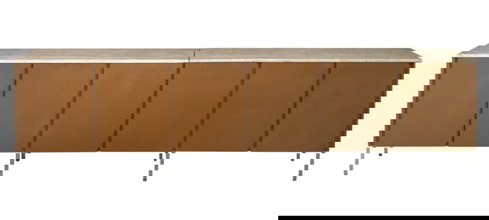 Large Mid-Century Modern Marble 6-Door Sideboard: Large Mid-Century Modern Marble Top Six-Door Brown Lacquered Wood Sideboard, two doors opening to four drawers to left, and four compartments each with one door opening to two shelves to right, on chr