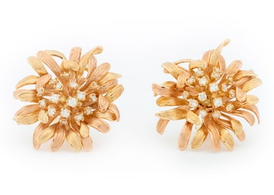 14K Yellow Gold Diamond Floral Earrings