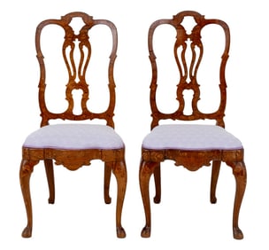 Dutch Marquetry Walnut Side Chairs, Pair