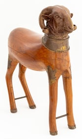 Brass Mounted Carved Wood Ram Sculpture