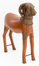 Brass Mounted Carved Wood Ram Sculpture