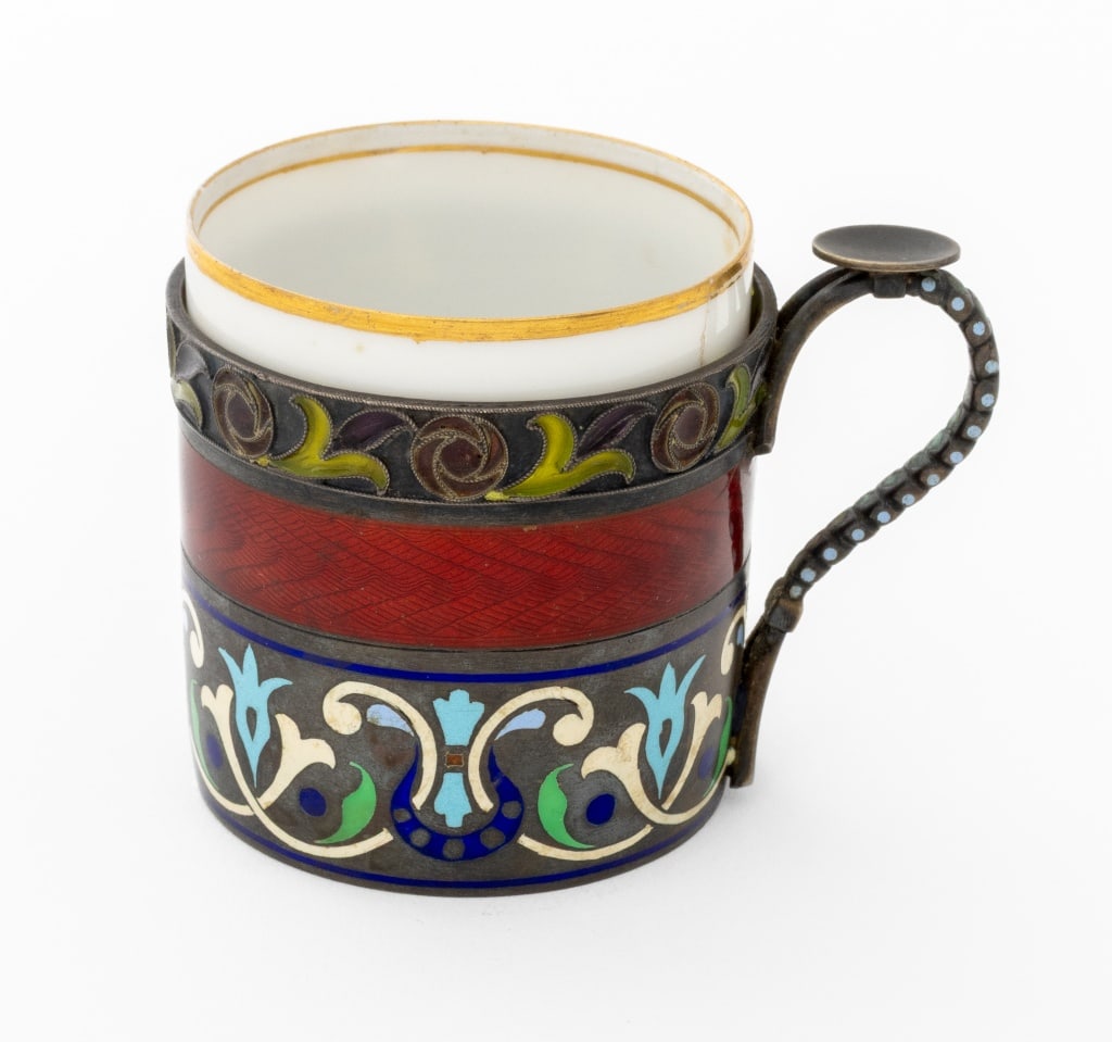Russian Silver Gilt, Cloisonne, Plique-a-Jour Cup: Russian Silver Gilt, Cloisonne Enamel, and Plique-a-Jour Demitasse Cup, struck with 88 zolotnick and marks for Nikolai Vasilevich Alexeev to underside, together with Kornilov Brothers porcelain liner,