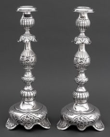 Russian Baroque Style Sterling Candlesticks, Pair