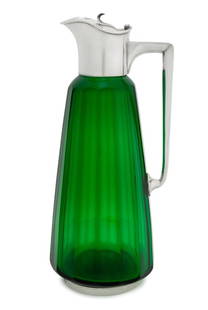 Victorian Sterling Bristol Green Glass Claret Jug: Victorian Sterling Silver Mounted Bristol Green Glass Claret Jug, struck with marks for John Grinsell & Sons, London, 1894. 9.5" H x 4.5" W x 4" D. Provenance: From a Palm Beach Collection. Keywords: