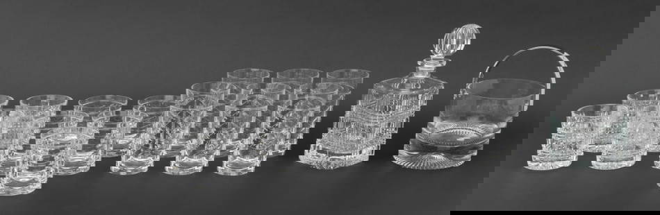 Tiffany & Co., Etc. Clear Glassware Articles, 17: Collection of 17 Clear Glassware Articles, comprising: set of (12) twelve Tiffany and Company glasses, in swag pattern, including: (6) high balls and (6) tumblers, each marked "Tiffany & Co" to the un