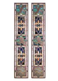 Judaica Lead Stained Glass Window Panels, Pair