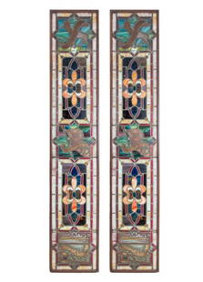 Judaica Lead Stained Glass Window Panels, Pair: Pair of Judaica Leaded Stained Glass Window Panels, early 20th century, each decorated with colored glass panels, flags, sheep, and banners inscribed in Hebrew "Naphtal and Gad", within bespoke wood f