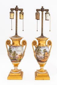 French Porcelain Two Handle Vase Mounted Lamps, 2