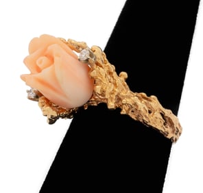 14K Yellow Gold Carved Coral Rose Diamond Ring