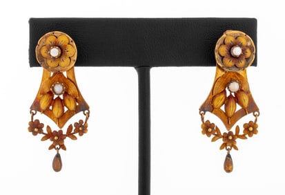 Victorian 14K Rose Gold Pearl Dangle Earrings