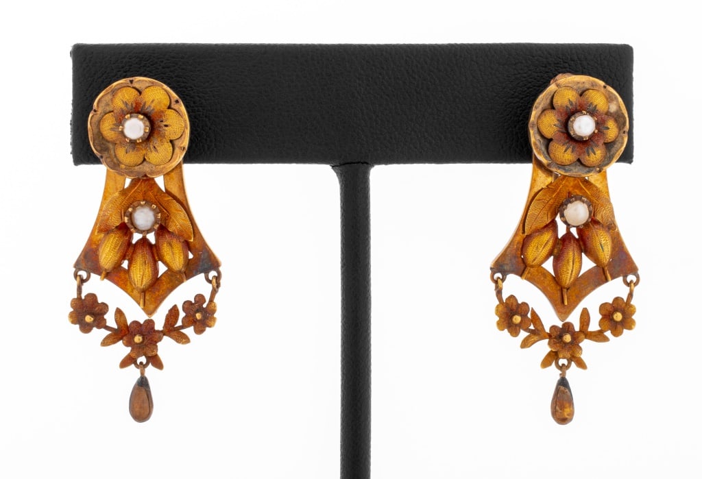 Victorian 14K Rose Gold Pearl Dangle Earrings (1 of 7)