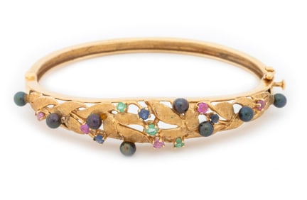 14K Yellow Gold Pearl & Colored Stones Bangle