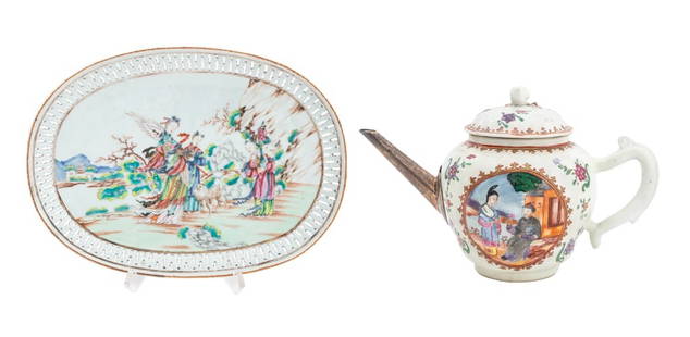 Chinese Export Painted Porcelain Articles, 2: Two Chinese Export Painted Porcelain Articles, circa 1750, comprising: bullet shaped teapot with silver spout, and oval reticulated platter with figural scene to the center. Silver tested. Teapot: 6"
