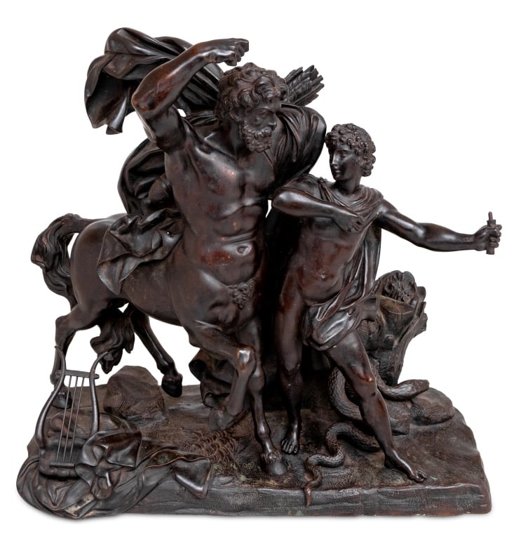 Francois Rude "The Education of Achilles" Bronze: After Francois Rude (French, 1784-1855), "The Education of Achilles by the Centaur Chiron" Patinated Bronze Sculpture, late 19th century, unsigned, elements missing. 17" H x 17.5" W x 8" D. Keywords: