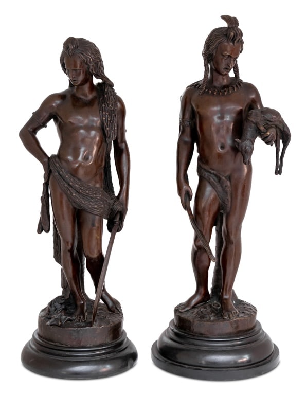 After J.J. Salmson Native American Bronzes, Pair: After Jean Jules Bernard Salmson (French, 1823-1902) Pair of Native American Hunter Bronze Sculptures, early 20th century, depicting a bow hunter and a fisherman, on black slate plinths, unsigned. Tal