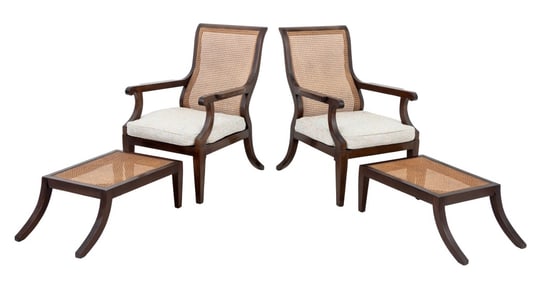 Rose Tarlow Mahogany Armchairs and Ottomans, Pair