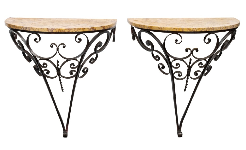Art Deco Wrought Iron & Marble Consoles, Pair: Pair of Art Deco Wrought Iron and Breche D'Alep Marble Top D-Shaped Console Tables. 29" H x 24" W x 16.5" D. Keywords: Vintage Furniture, Side table, Accent table, Wall-mounted, Demilune, Interior des