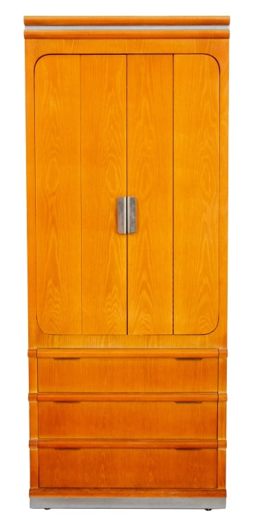 Jay Spectre for Century Oak & Chrome Media Cabinet: Jay Spectre for Century Oak and Chrome Media Cabinet, with mirrored interior, shelves, three drawers, and power strip, metal plaque label to interior drawer. 82.5" H x 33.25" W x 22" D. Provenance: Fr