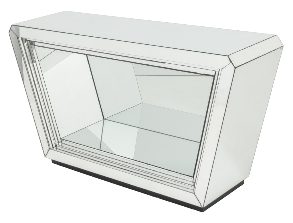 Art Deco Style Mirrored Console Table: Art Deco Style Mirrored Console Table, hexagonal form with central mirrored shelf. 28" H x 54" W x 15" D. Provenance: From a 5th Avenue Estate. Keywords: Vintage Furniture, Sideboard, Buffet, Credenza