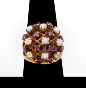 14K Yellow Gold Ruby Pearl Ring