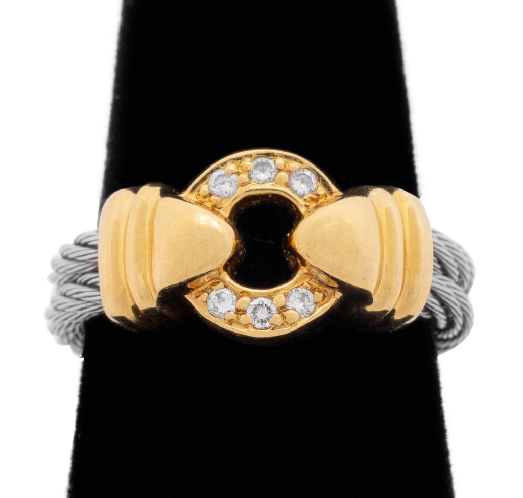 Charriol 18K Gold Diamond Steel Cable Ring: Charriol 18K Yellow Gold Diamond Steel Double Cable Ring, designed as two steel cables joined with one yellow gold circular motif, adorned with 6 pave set round brilliant cut diamonds weighing a total