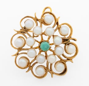 14K Yellow Gold Pearl Turquoise Brooch