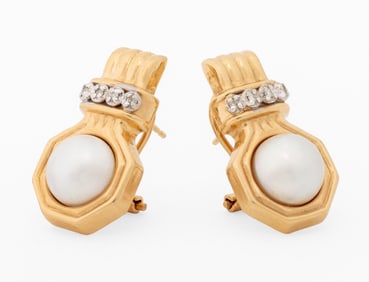 14K Yellow Gold Mabe Pearl Diamond Earrings