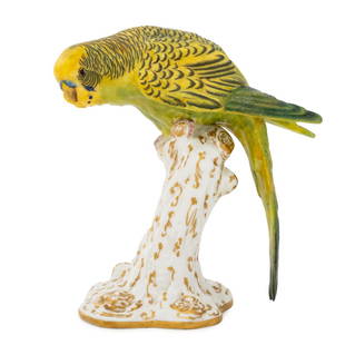 Royal Worcester Porcelain Green Budgerigar Model: Royal Worcester Porcelain Model of a Green Budgerigar, perched on gilt decorated white tree stump, marked "Royal Worcester England / RN65986 / 2664" to underside. 5" H x 4.5" W x 2.5" D. Provenance: F