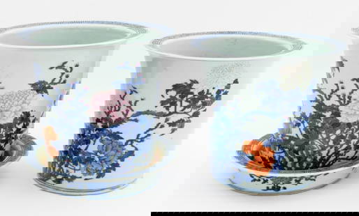 Chinese Blue and White Porcelain Jardinieres, 2: Two Chinese Blue and White Porcelain Jardinieres, hand-painted with colorful blooming peonies, one with underplate, each with blue underglaze six character seal mark to underside. 7.5" H x 8.5" Diamet