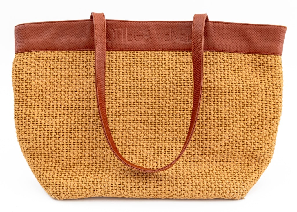 Bottega Veneta Woven Jute and Leather Tote Bag: Bottega Veneta Woven Jute and Tan Leather Tote Bag, with tan nylon lining, gold-tone metal hardware, impressed "Bottega Veneta" mark to the front leather trim, interior zipper pocket and impressed "Ma