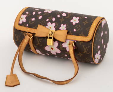 Takashi Murakami x Louis Vuitton Papillon Bag: Takashi Murakami for Louis Vuitton Papillon Shoulder Bag, circa 2003, monogrammed print with smiling cherry blossom pattern, brass hardware, luggage tag, snap closures marked "Louis Vuitton", embossed