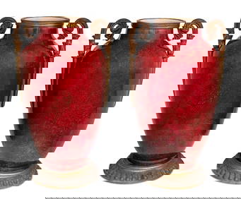 French Gilt Metal Mounted Red Majolica Vases, Pair (1 of 3)