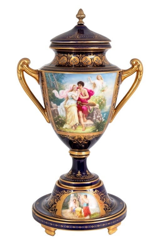 Royal Vienna Blue Ground Two Handle Vase and Cover (1 of 6)