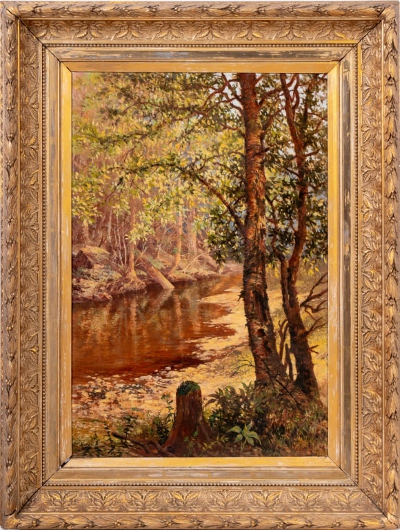 American School Bend in the Creek Oil on Canvas: American School, Bend in the Creek, Oil on Canvas, late 19th century, illegibly inscribed paper label to verso, giltwood frame. Image: 27" H x 18" W; frame: 36" H x 27.5" W. Keywords: Painting, Oil pa