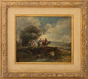Italian School Crossing Bridge Oil, 19th C.: Italian School, Travelers Crossing Bridge, Oil on Canvas, 19th century, pastoral landscape scene, illegibly signed lower left, giltwood frame. 9.75" H x 11.75" W; frame: 16.5" H x 18.5" W. Provenance: